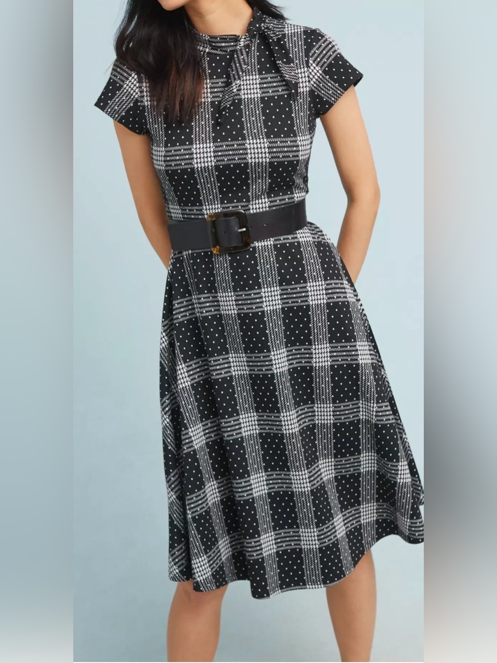 Maeve Anthropologie Black White Plaid Polka Dot Mock Neck Midi Dress Sz XXS